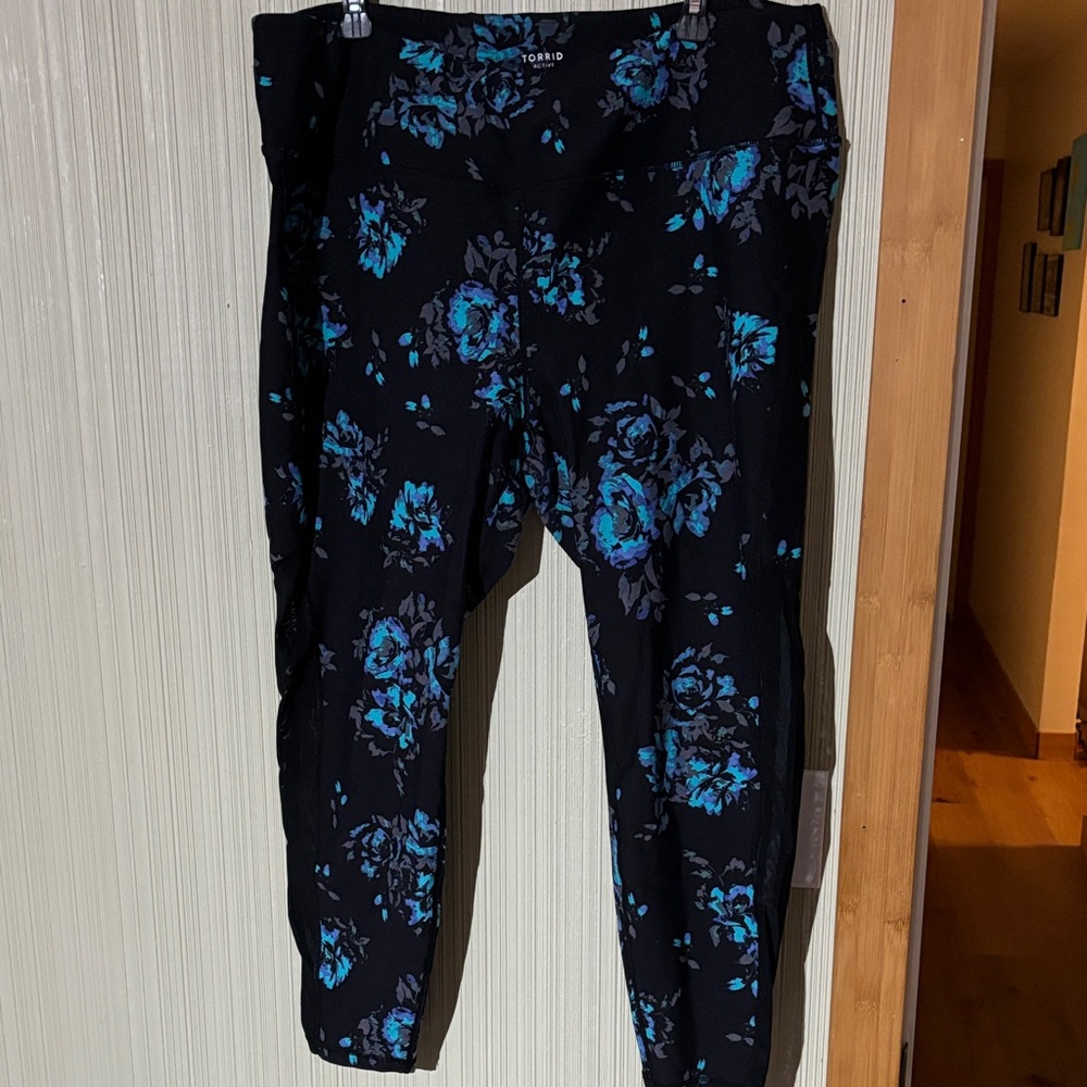 Torrid Black and Blue Floral Leggings with mesh panel